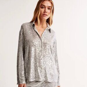Abercrombie & Fitch Long Sleeve Silver Sequin Button-Up Holiday Shirt, Size S
